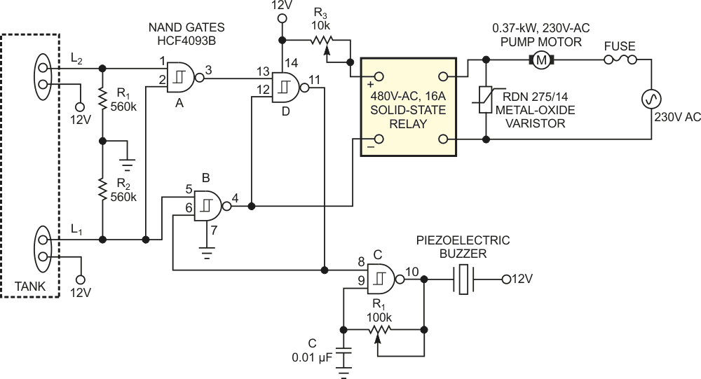 A sump-pump controller uses a quad-NAND gate to drive a solid-state relay.