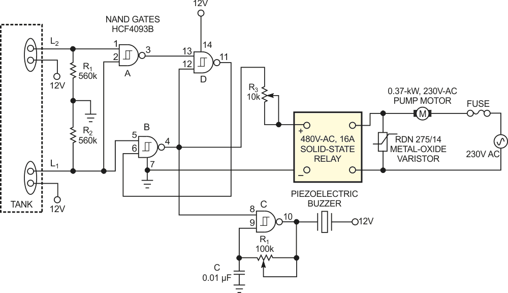 Connecting the potentiometer to NAND Gate B creates a water-level controller.