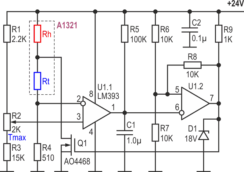 The scheme of an analog soldering iron controller.