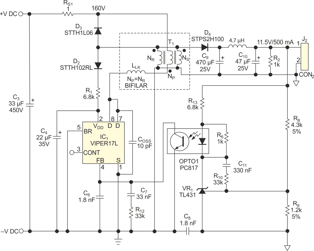 A bifilar demagnetizing winding added to a flyback transformer shunts the power switch output capacitance, COSS; steers the leakage energy back to the supply rail; and clamps the switch voltage during the turn-off transition. Then, switched to the supply pin of a converter, this winding works as a self-supply winding.