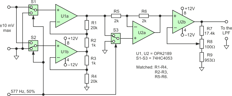 Circuit schematic of part of the amplifier (filter is presented separately below).