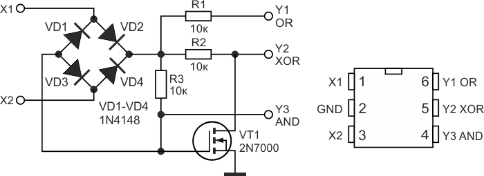 Универсальный логический элемент OR/XOR/AND на полевом транзисторе.