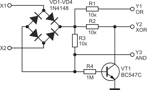 Универсальный логический элемент OR/XOR/AND на биполярном транзисторе.