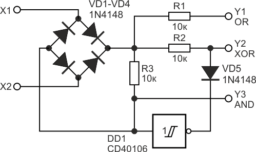 Универсальный логический элемент с использованием элемента «НЕ» (NOT) микросхемы DD1 CD40106.
