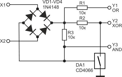 Универсальный логический элемент с использованием аналогового ключа микросхемы DA1 CD4066.
