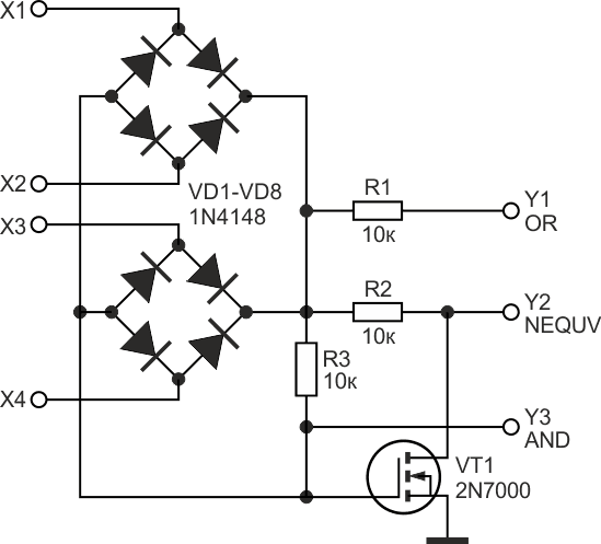 Универсальный четырехвходовый логический элемент OR/NEQUIV/AND на полевом транзисторе.
