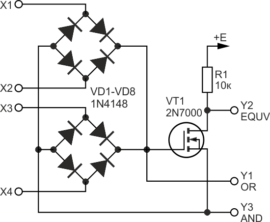 Универсальный четырехвходовый логический элемент OR/EQUIV/AND на полевом транзисторе.