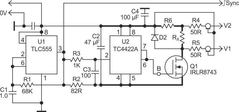 The circuit shown enables accurate measurement of very low resistance values by applying a low duty cycle pulse to the unknown resistor and a reference resistor of a known value.