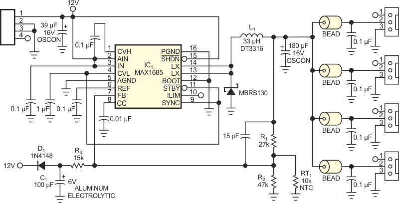 To control fan speed, thermistor RT1 adjusts the output voltage of this dc/dc converter.
