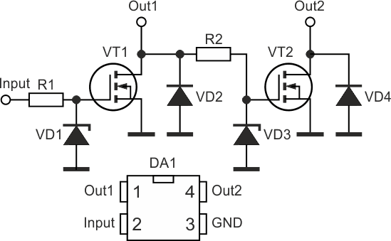 Электрическая схема силового модуля на основе двухстокового полевого транзистора и его возможная цоколёвка в корпусе DIP4.