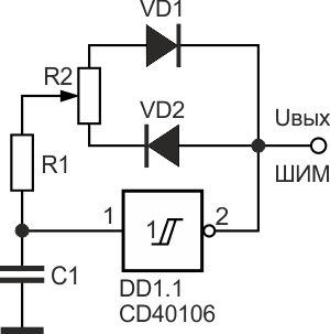 Вариант простейшего генератора импульсов для широтно-импульсного управления выходного сигнала.