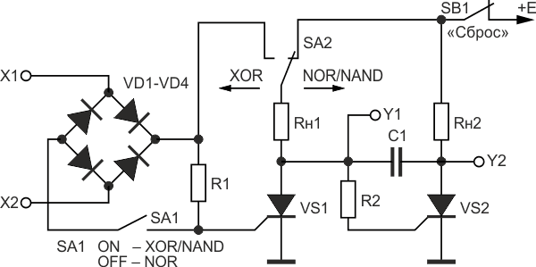 Универсальный двухтиристорный логический элемент NOR/XOR/NAND (выход Y1), OR/XNOR/AND (выход Y2).