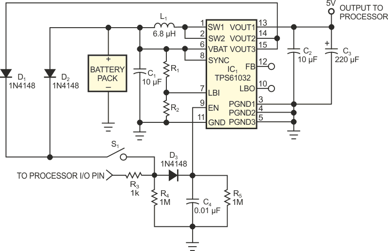 This circuit configuration provides a momentary power switch with processor supervision.