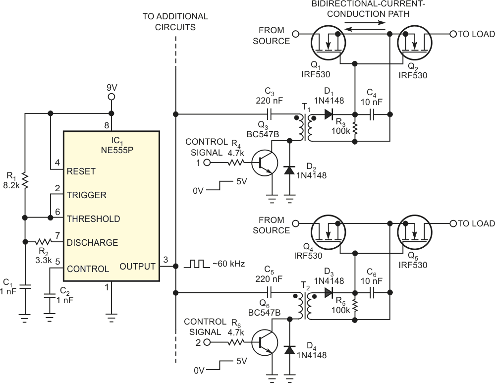 A single 555 oscillator provides square-wave ac gate drive to an array of as many as 15 MOSFET-based solid-state relays.