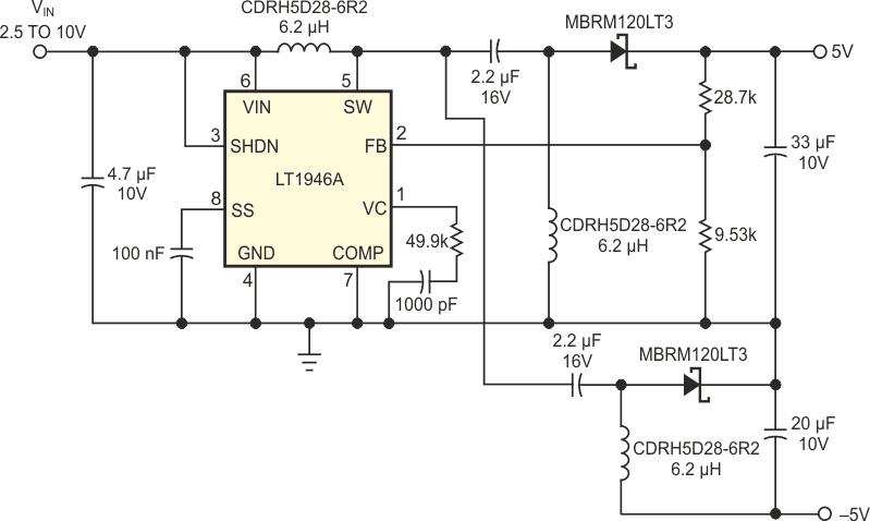 A simple circuit produces -5 V from a single positive input without the need for a transformer.