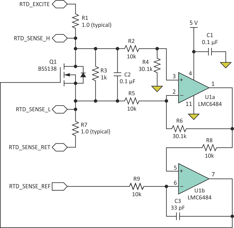 In the RTD emulator, Q1 (an N-channel logic-level enhancement-mode FET) is the active component that provides the controllable voltage to emulate the RTD.