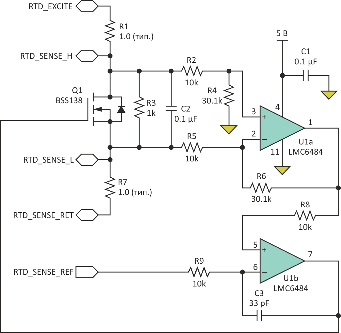В эмуляторе RTD Q1 (N-канальный низкоуровневый MOSFET) является активным компонентом, вырабатывающим управляемое напряжение для эмуляции RTD.