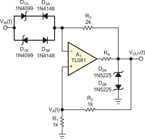 This circuit achieves dual hysteresis using only one op amp.