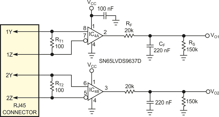 At the terminal, IC4 converts the signals it receives from the interface to LVTTL levels and then feeds them to a set of passive filters