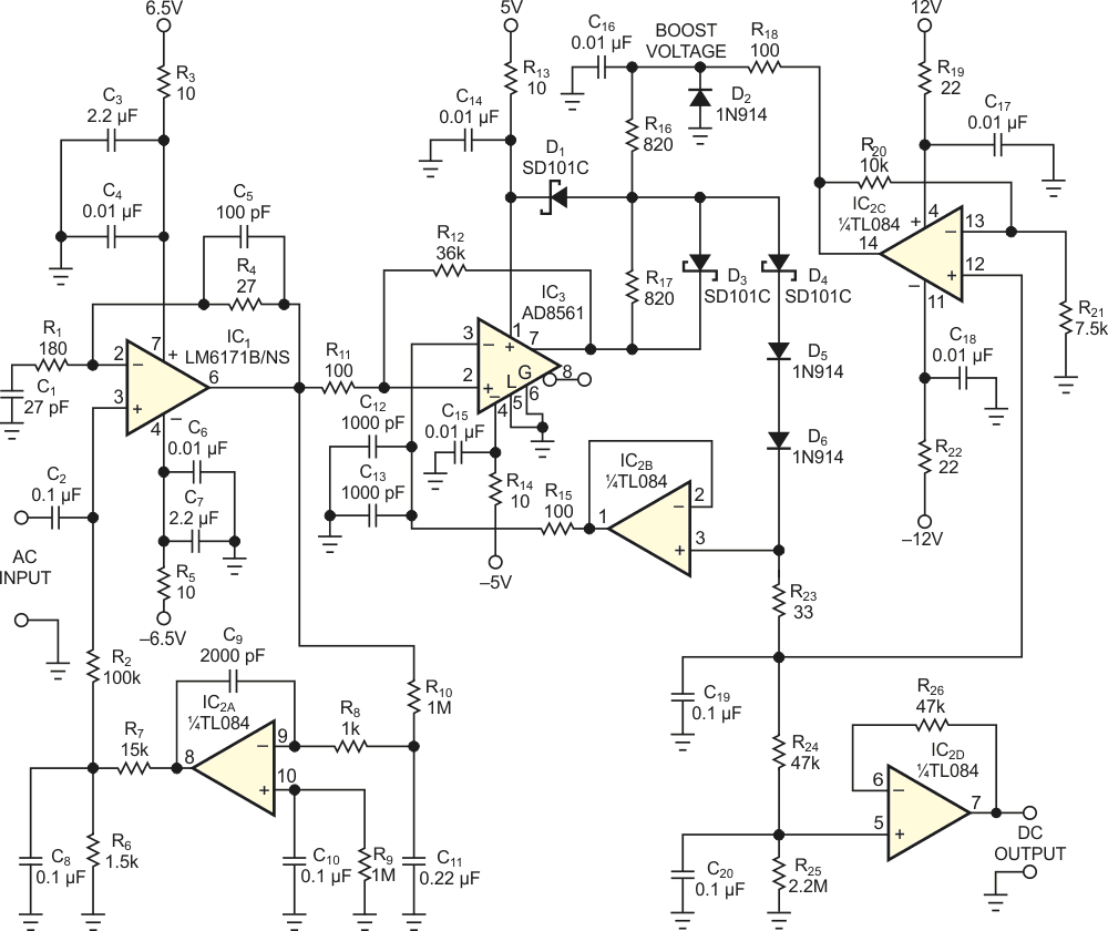 This precision peak detector uses an ultrafast comparator to achieve high accuracy over a wide input-frequency range.