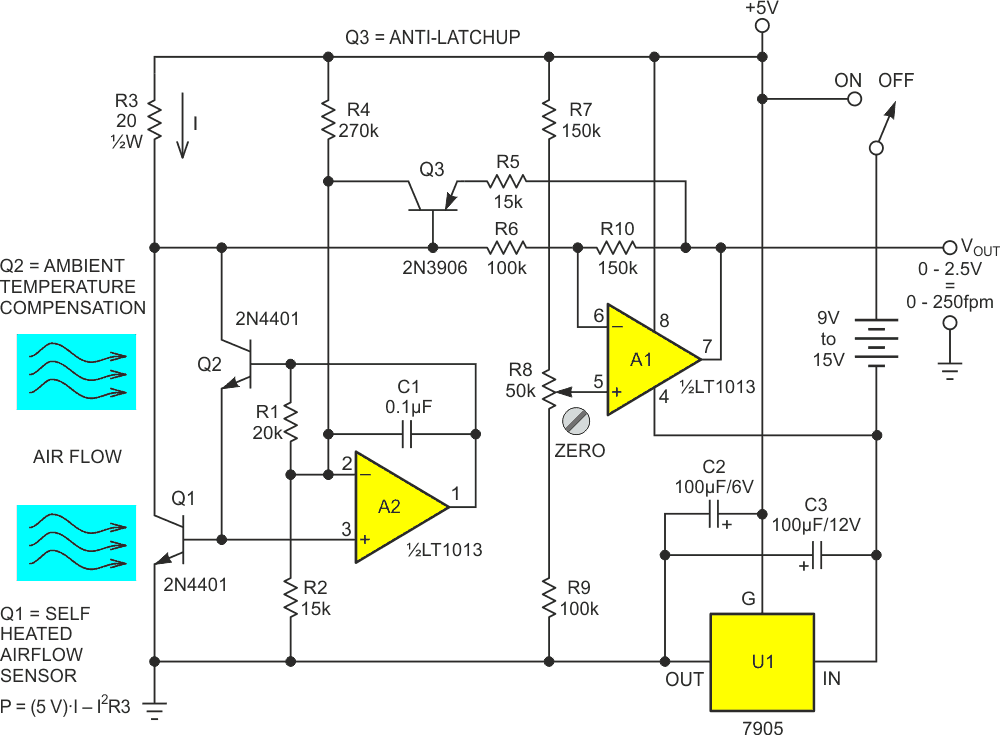 Linearized portable Darlington anemometer schematic.