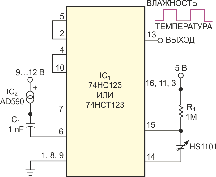 Микросхема ждущего мультивибратора обеспечивает передачу информации о температуре и влажности по одной линии.