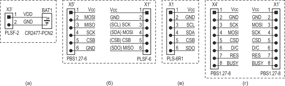 Схемы кабелей: (a) - кабель питания, (б) - кабель подключения к BME280, (в) - модуль BME280, ( г) - кабель подключения к дисплею.