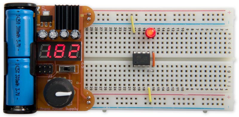 Proto Power Supply, fits in a standard breadboard and supplies 0 to 5.5V at up to 0.5A.