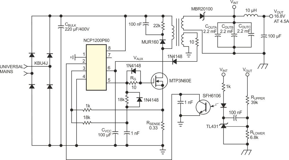 In this circuit, leakage inductance in the auxiliary winding can invalidate the controller's short-circuit-protection circuitry.