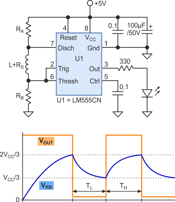 A 555 multivibrator circuit that uses inductor-resistor values.