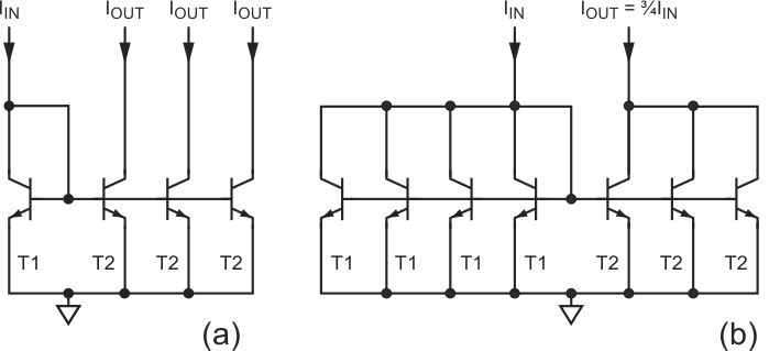 ((a) Multistage current mirror, and (b) noninteger-ratio current mirror. The three T2 collectors may be joined to give 3IIN.