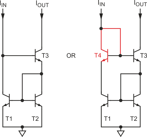 Токовое зеркало Вильсона. Транзистор T4 в этой схеме необязателен, но он улучшает точность и динамический диапазон.
