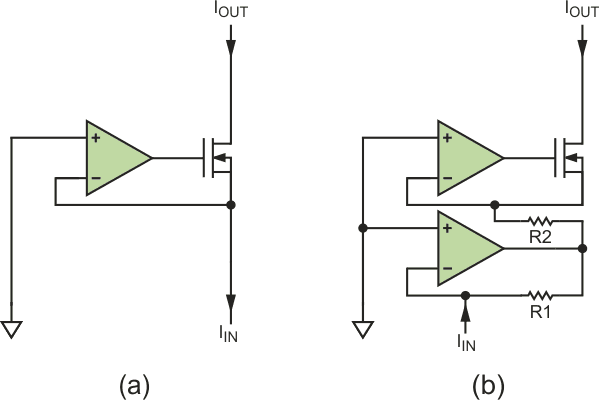 (a) Inverting low ZIN current mirror, and (b) noninverting low ZIN current mirror.