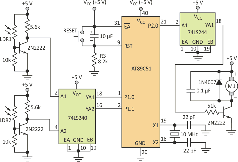 This dc motor speed-control circuit uses standard, available components; light impinging on two independent photoresistors establishes the motor's speed.