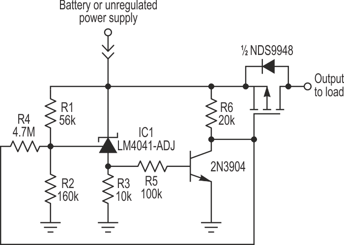 This low-cost, space-saving circuit will shut down a portable system when the supply voltage drops below a minimum threshold.