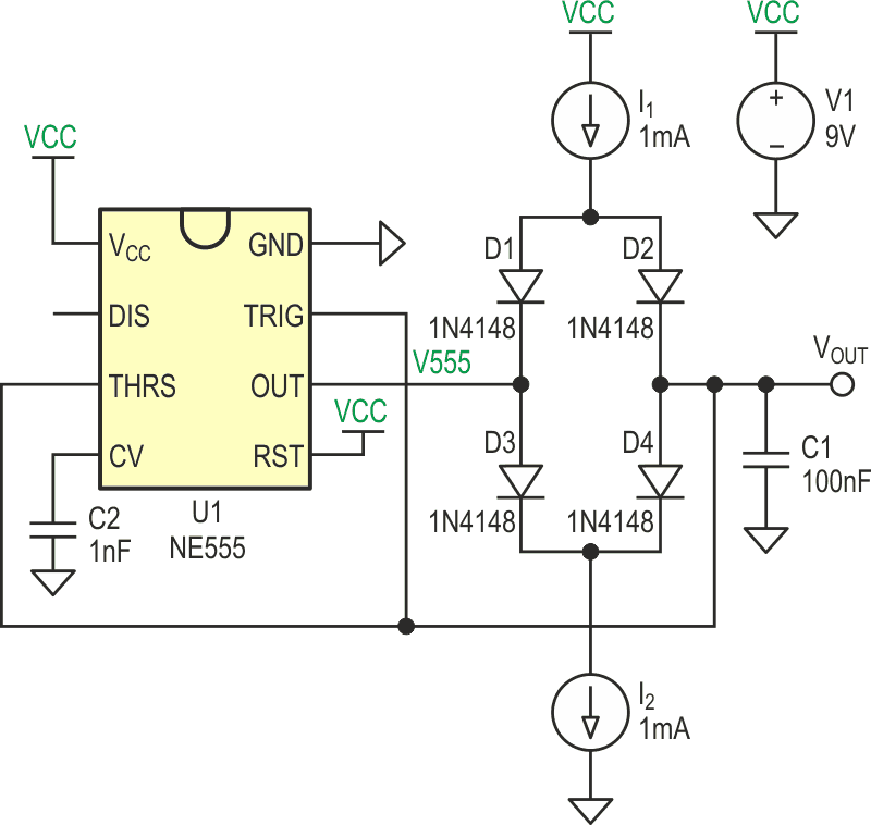 Circuit schematic of triangle/sawtooth wave generator using 555 timer.