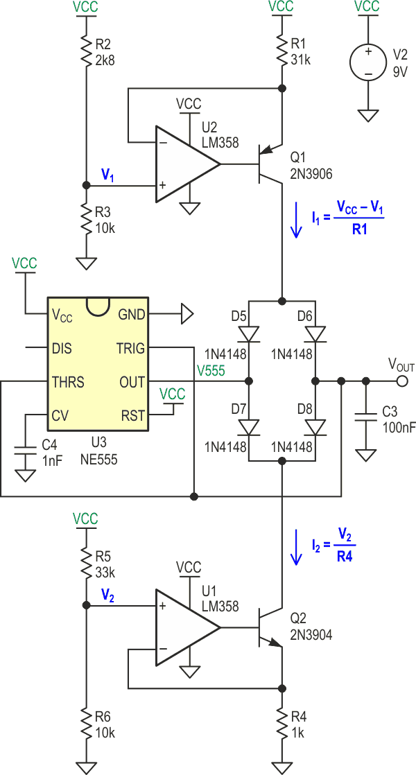 Schematic of triangle/sawtooth wave generator with an LM358 and two transistors used as current sources.