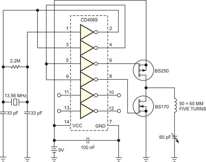 A simple 13.56-MHz oscillator energizes an antenna coil, broadcasting power to the receiving circuit in Figure 2.