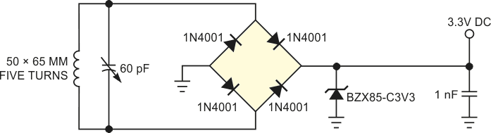 This receiver rectifies the signal from the oscillator in Figure 1, powering low-current consumer gadgets.