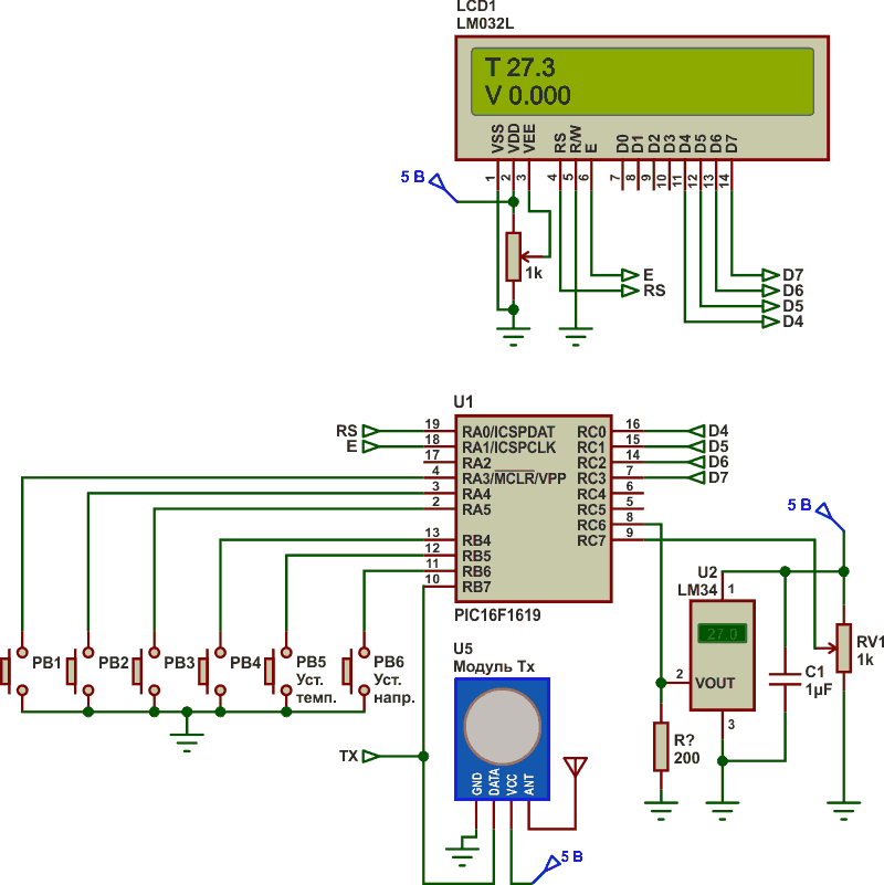 Схема передатчика на основе микроконтроллера PIC16F1619.
