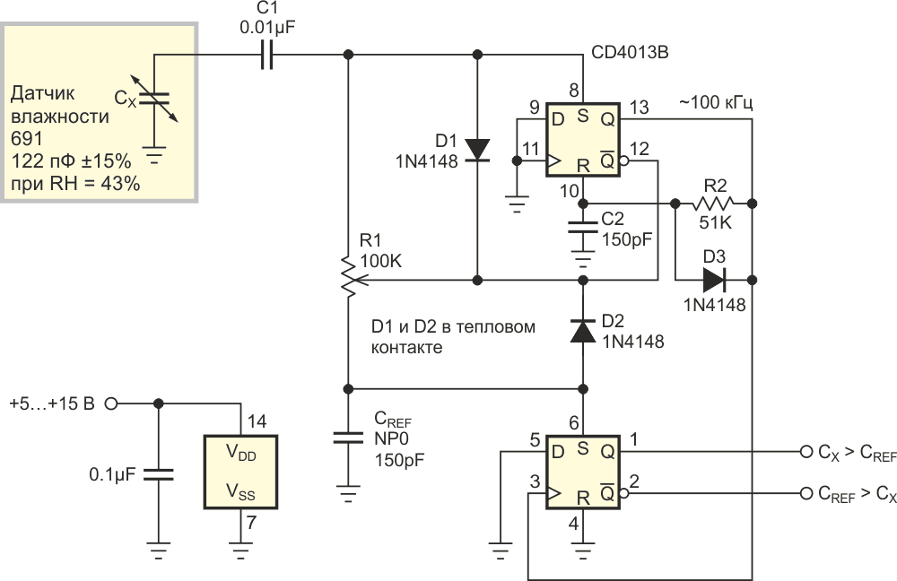 Принципиальная схема с триггером CD4013B, используемым в качестве емкостного датчика влажности.