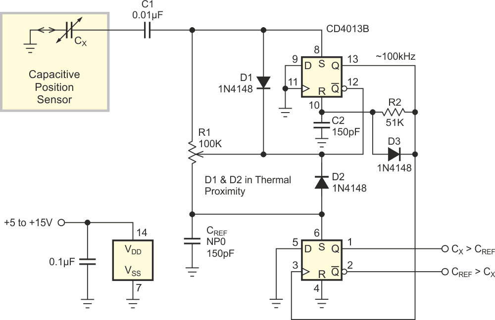 Motion limit/position sensing proximity switch using the CD4013B.