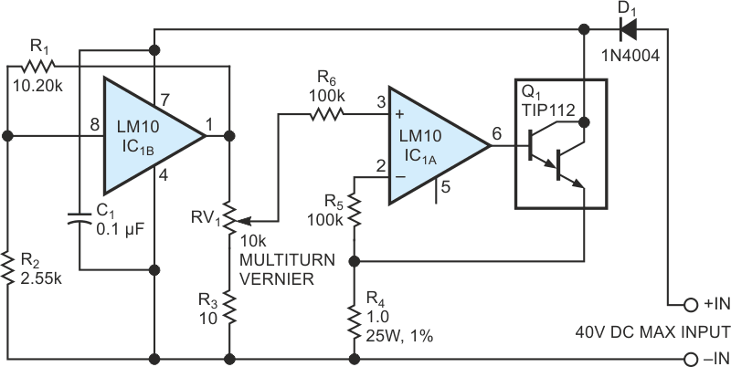 A handful of inexpensive parts builds a precision current sink that provides 1-mA to 1 A sink current over a wide compliance-voltage range.