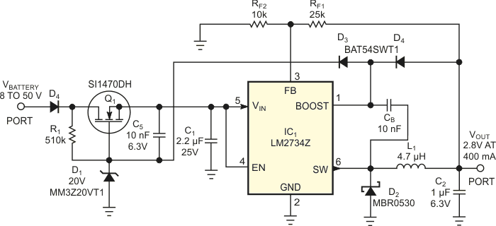 The N-channel MOSFET and zener diode protect the switching regulator against transient voltages as high as 50 V in automotive applications.