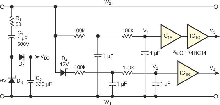 This control circuit uses dc pulses from the circuit in Figure 1 to drive triacs in the circuit in Figure 3.