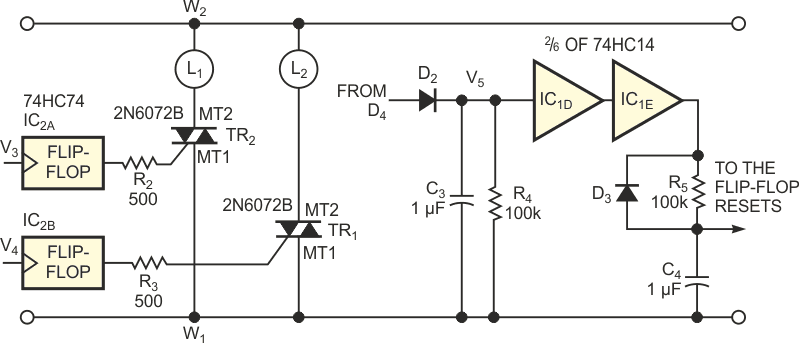 Triacs independently control two loads based on signals from a pair of wall switches.