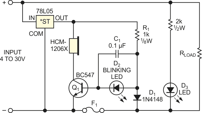 When fuse F1 blows, the transistor biases on, sounding the buzzer and powering D2.