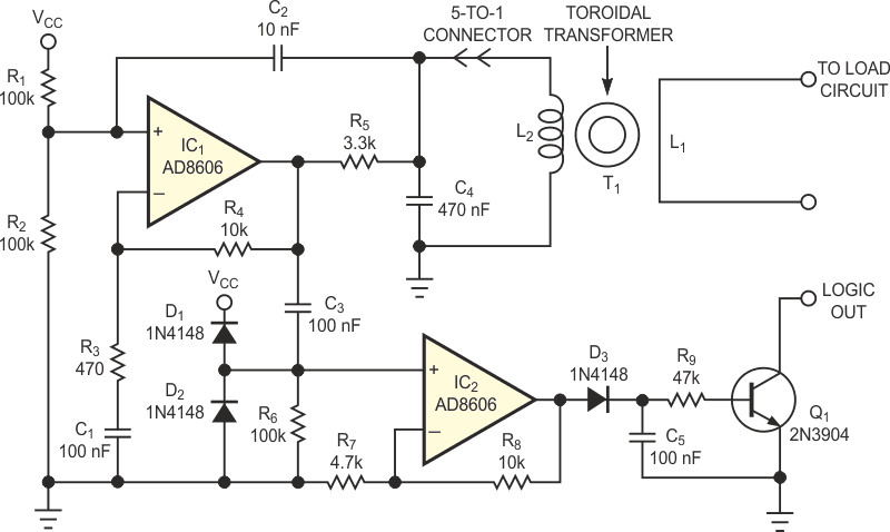 This sensor circuit operates from a single 5 V power supply.