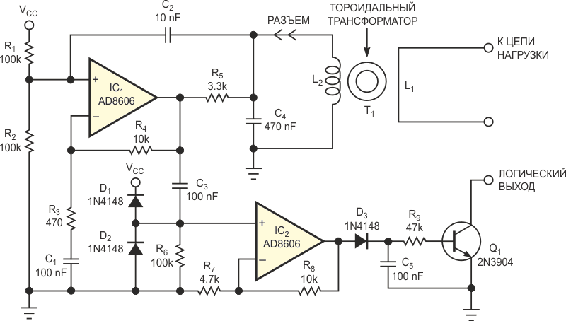 В этой схеме для измерения пикового значения входных сигналов используется сверхбыстрый компаратор c ЭСЛ выходом.