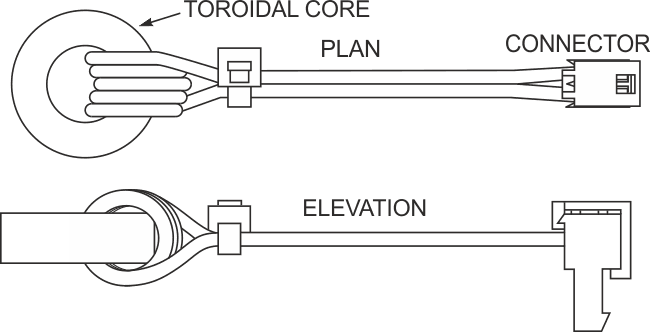 The primary winding (battery cable) passes through transformer T1's center.